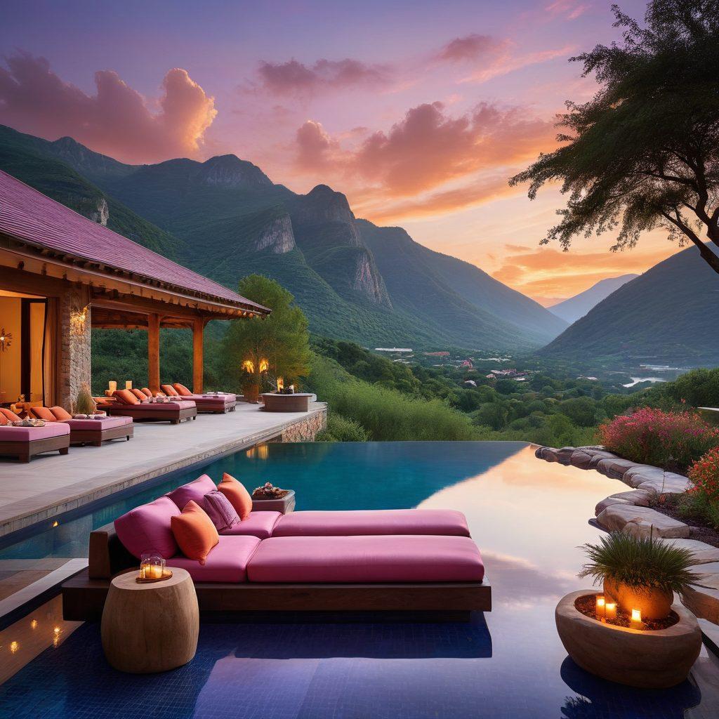 A serene landscape showcasing a luxurious auberge retreat nestled amid lush greenery and majestic mountains. Incorporate inviting outdoor seating with plush cushions, a sparkling infinity pool, and subtle twinkling lights in the background. Add a hint of sunset with rich hues reflecting off the water to evoke a sense of relaxation and inspiration. Include elements like gourmet dining and tranquil spa settings to encapsulate the essence of a getaway. super-realistic. vibrant colors.