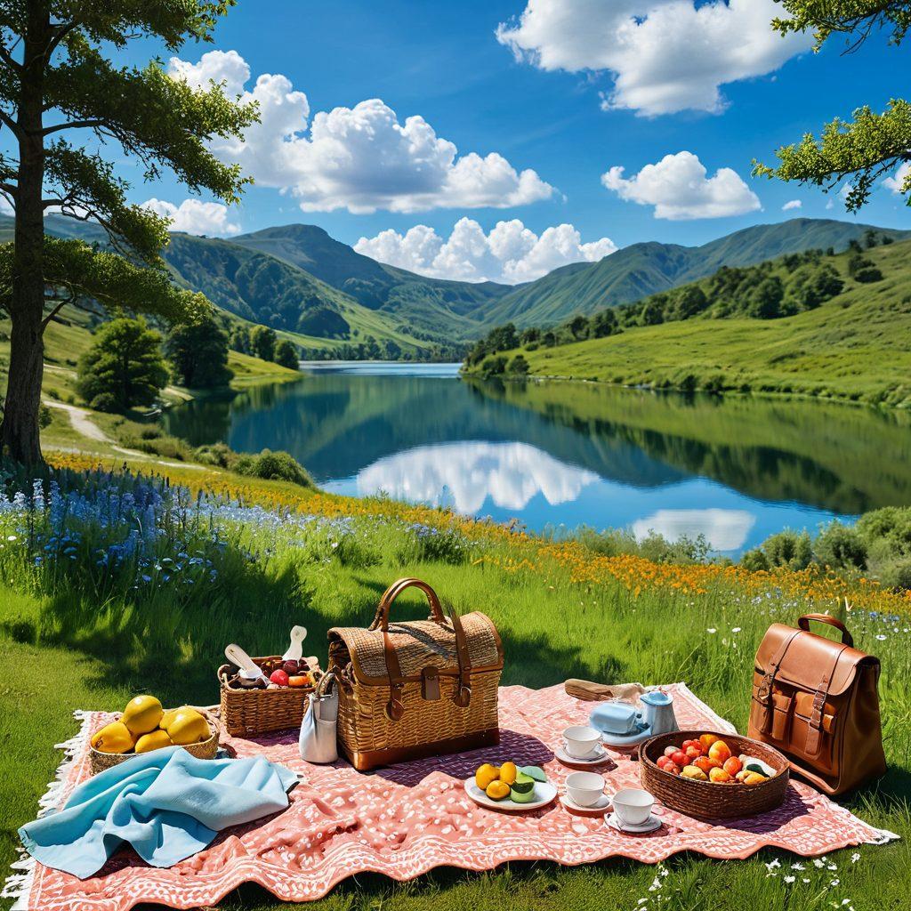 A luxurious outdoor adventure scene featuring a gourmet picnic set in a lush, scenic landscape with rolling hills, a sparkling lake, and vibrant wildflowers. Incorporate elements like an elegant picnic blanket, fine dishes, and an array of plush backpacks ready for exploration. Include a clear blue sky with soft clouds to symbolize tranquility and leisure. super-realistic. vibrant colors. 3D.