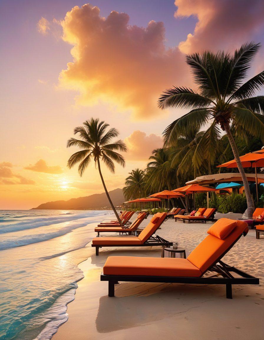 A luxurious and serene resort setting featuring an infinity pool overlooking a breathtaking sunset, surrounded by palm trees and tropical flowers. Guests enjoy cocktails on private cabanas, and soft lounge chairs dot the beach. The scene conveys relaxation and exclusivity, with a hint of adventure in the background. super-realistic. vibrant colors. tranquil atmosphere.